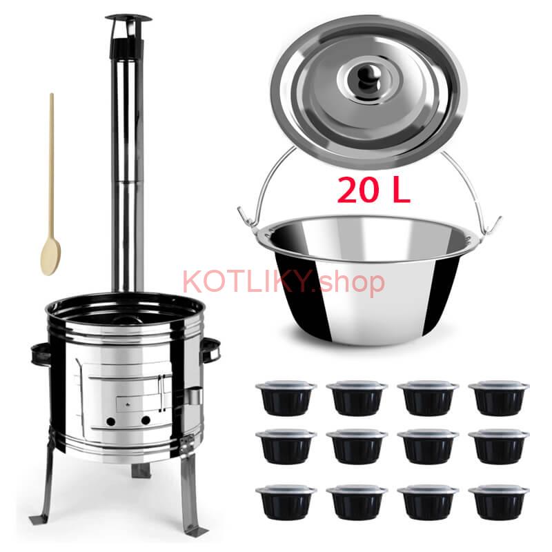 Nerezový kotlík 20 L (1,2 mm) + Nerezová kotlina 42 INOX + vareška + misky 12 ks