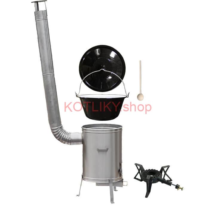 Smaltovaný kotlík 13 L (1,2 mm) + nerezová kotlina 36 cm + liatinový horák 7 kW, vareška LUX