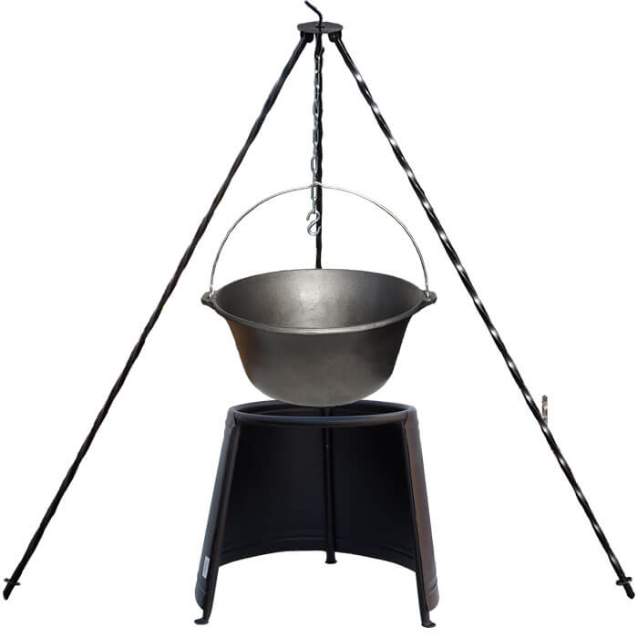 Liatinový kotlík 10,8 L + chránič plameňa 37 cm + trojnožka 1,2 m