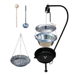 Nerezový kotlík 10 L (0,8 mm) INOX + smaltovaná panvica + ohnisko so stojanom a s poistnou kladkou VAR