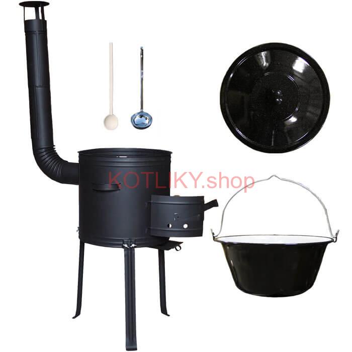 Smaltovaný kotlík 30 L + kovová kotlina s vysokými nožičkami 42 cm + vareška a naberačka