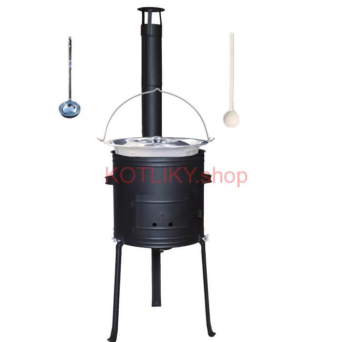 Antikorový kotlík 22 L (0,8 mm) + kovová kotlina s vysokými nožičkami 42 cm + vareška a naberačka