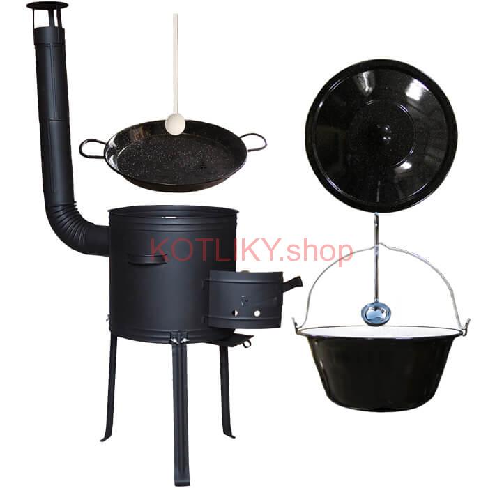 Smaltovaný kotlík 13 L (1,2 mm) + Paella panvica 38 cm + kotlina s vysokými nožičkami 36 cm, žiaruvzdorná farba Plus 700