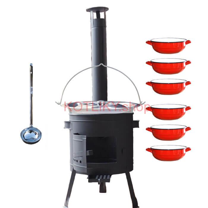 Nerezový kotlík 22 L (0,8 mm) INOX + selské misky 6 ks + nízka žiaruvzdorná kotlina 42 cm PLUS 600