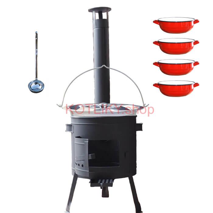 Nerezový kotlík 22 L (0,8 mm) INOX + selské misky 4 ks + nízka žiaruvzdorná kotlina 42 cm PLUS 600
