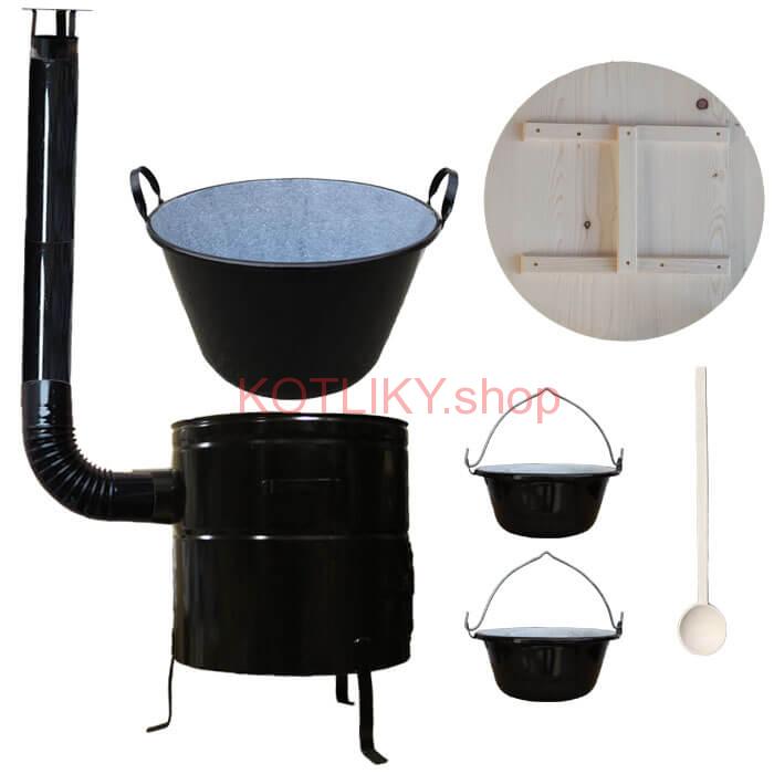 Zabíjačkový smaltovaný kotol 100 L + kovová kotlina 60 cm + 2 servírovacie kotlíky