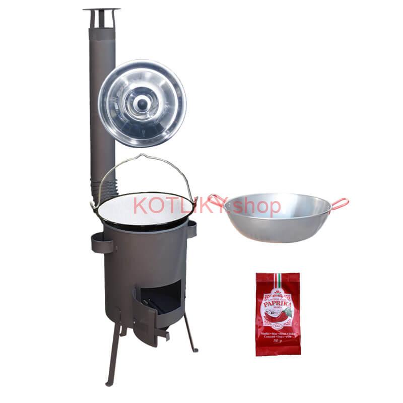 Smaltovaný kotlík 22 L + Panvica PAELLA (WOK) 45 cm + sladká paprika 50 g + žiaruvzdorná kotlina 42 PLUS 600 s roštom na popol 4 mm