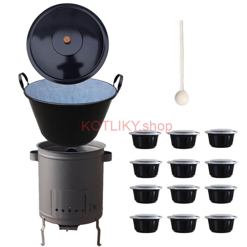 Smaltovaný kotol 60 L + hrubostenná kotlina 53 cm (1,5 mm) STRONG PLUS 600 + misky 12 ks
