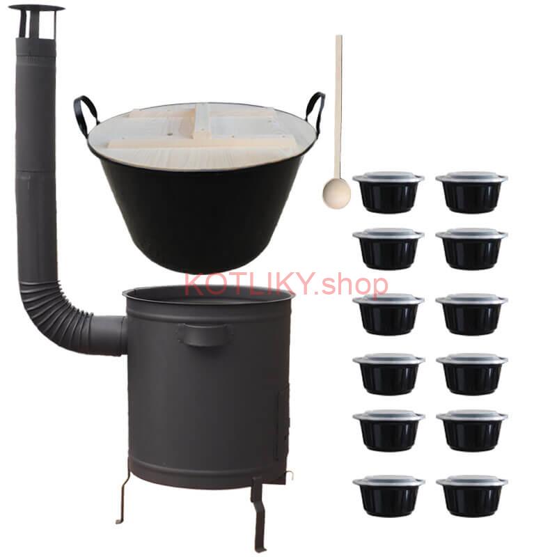 Smaltovaný kotol 100 L + hrubostenná kotlina 60 cm (1,5 mm) STRONG PLUS 600 + misky 12 ks