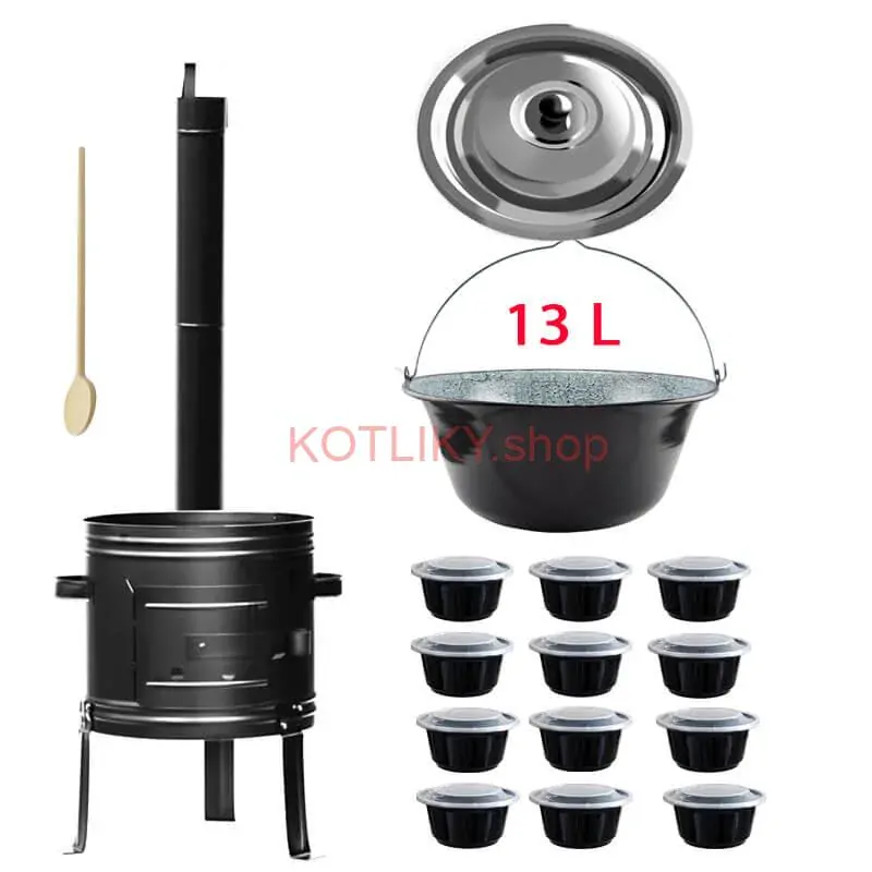 Smaltovaný kotlík 13 L + kovová kotlina 36 KOV + misky 12 ks