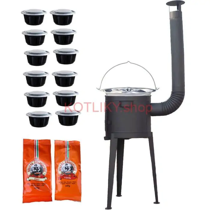 Nerezový kotlík 22 L (0,8 mm) INOX + vysoká žiaruvzdorná  kotlina 42 cm PLUS 600 + misky 12 ks + 2 x korenie na guláš 100 g