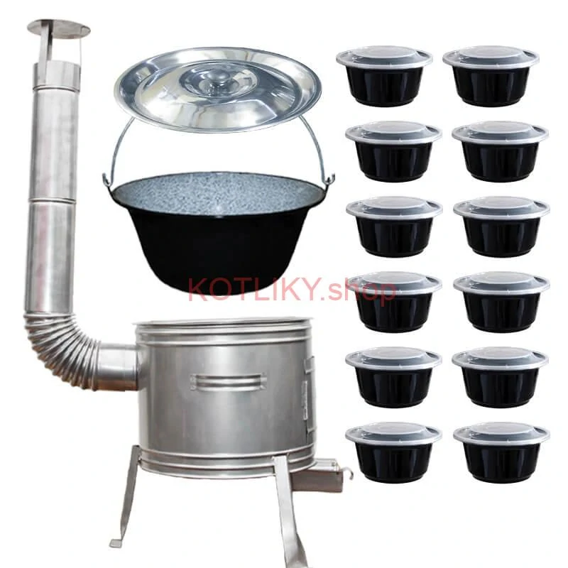 Smaltovaný kotlík 22 L + Nerezová kotlina 42 INOX + misky 12 ks