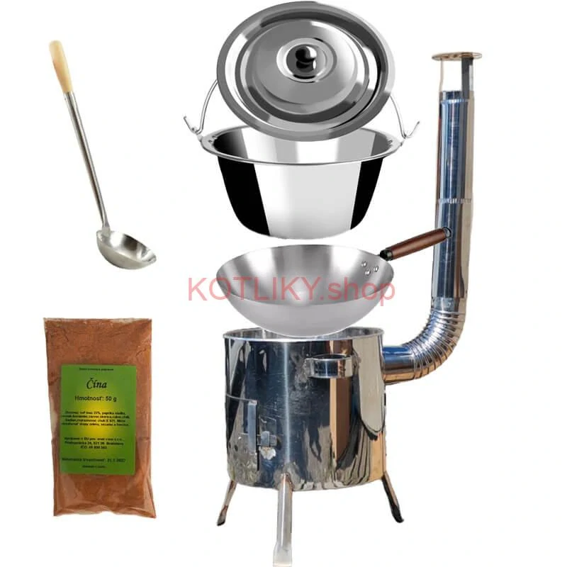 Nerezový kotlík 10 L (0,8 mm) + nerezová kotlina 31 INOX LUSTRO + Wok + korenie 50 g