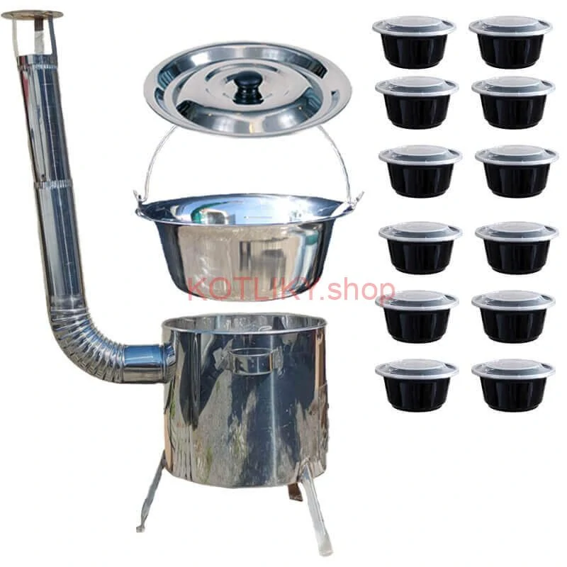 Nerezový kotlík 14 L (0,8 mm) INOX + Nerezová kotlina 36 INOX LUSTRO + misky 12 ks