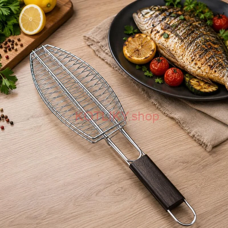 BBQ grilovací rošt na ryby – nerezové grilovacie kliešte 65 × 15 × 4 cm