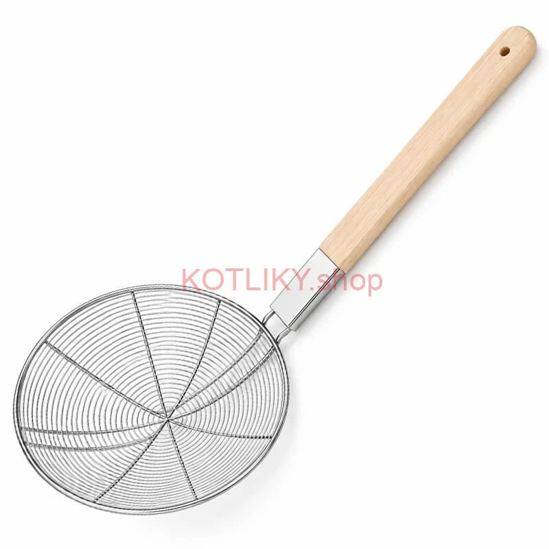 Veľké nerezové sitko 22,5 cm s drevenou rukoväťou – dĺžka 56,5 cm