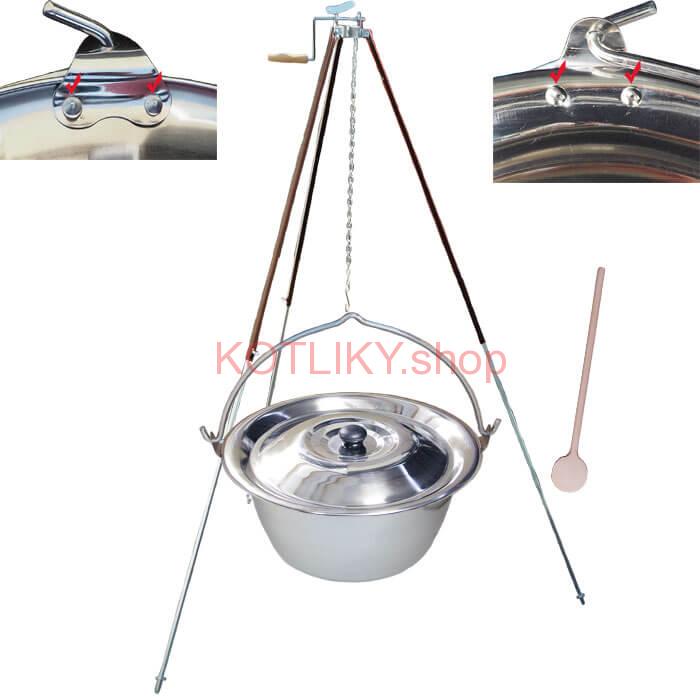 Antikorový kotlík 30 L (0,8 mm) s nitmi + teleskopická trojnožka s poistnou kladkou + pokrievka
