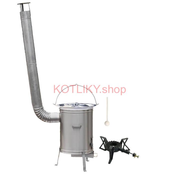 Antikorový kotlík 14 L (0,8 mm) + nerezová kotlina 36 cm + liatinový horák 7 kW, vareška LUX