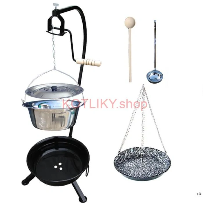 Nerezový kotlík 14 L (0,8 mm) INOX + smaltovaná panvica + ohnisko so stojanom a s poistnou kladkou VAR