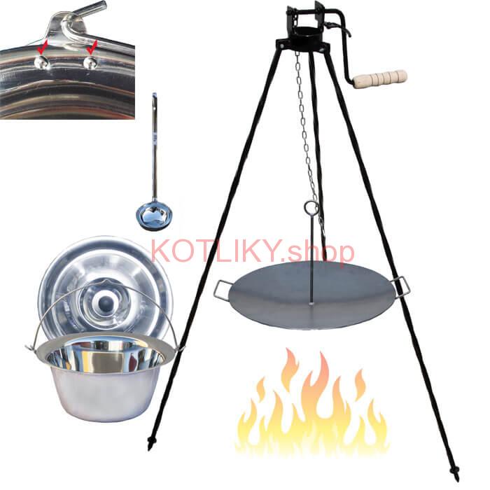 Antikorový kotlík 15 L (0,8 mm) s nitmi + panvica na grilovanie a stojan s kladkou VAR