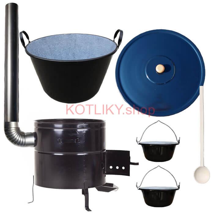 Zabíjačkový smaltovaný kotol 60 L + kovová kotlina 53 cm + 2 servírovacie kotlíky