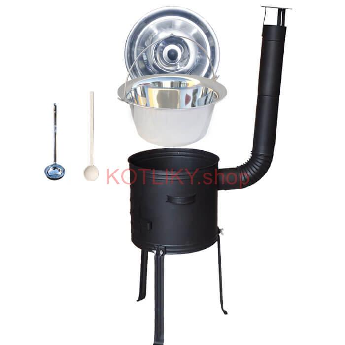 Antikorový kotlík 14 L (0,8 mm) + kovová kotlina s vysokými nožičkami 36 cm + vareška a naberačka