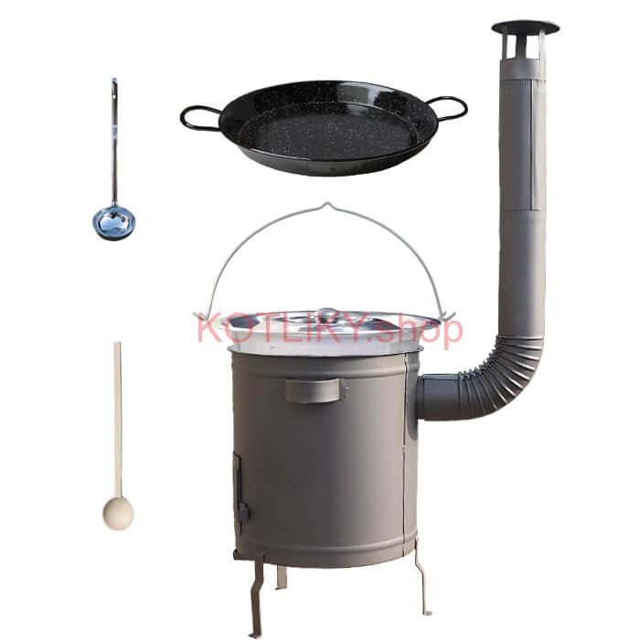 Nerezový kotlík 14 L (0,8 mm) + Paella panvica 38 cm + hrubostenná (1,5 mm) žiaruvzdorná kotlina (1,5 mm) 36 PLUS 600