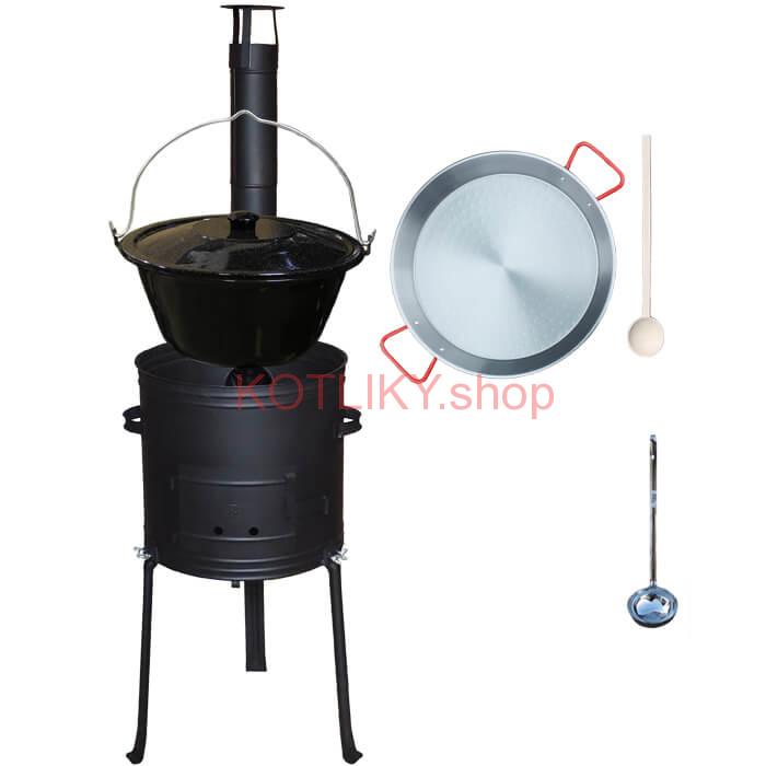 Smaltovaný kotlík 20 L + Paella panvica 46 cm + kovová kotlina s vysokými nožičkami 42 cm, žiaruvzdorná farba Plus 700