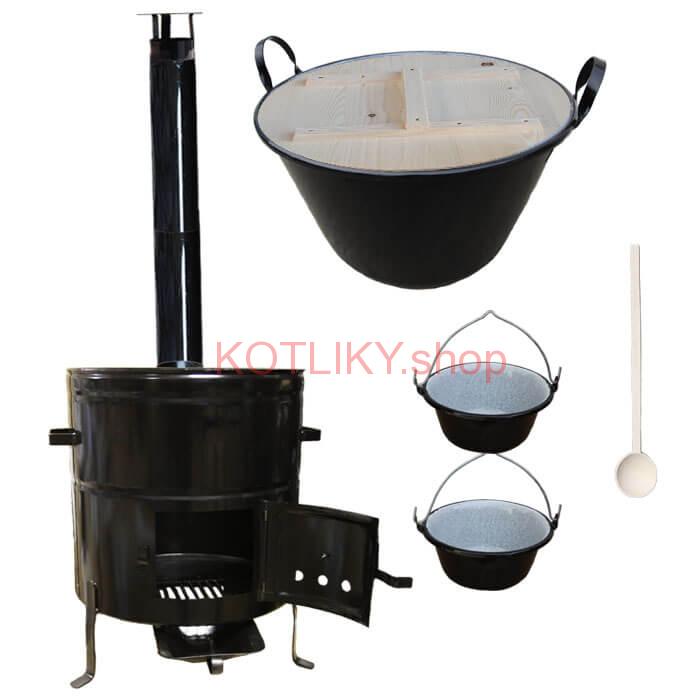 Zabíjačkový smaltovaný kotol 100 L + kovová kotlina 60 cm + 2 servírovacie kotlíky