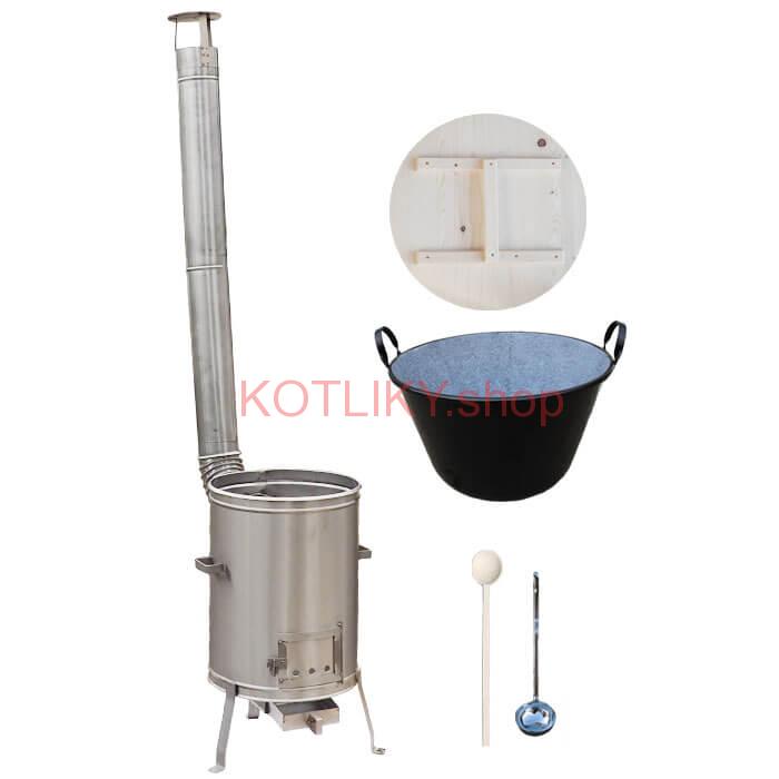 Zabíjačkový smaltovaný kotol 100 L + nerezová kotlina 60 cm + vareška a naberačka