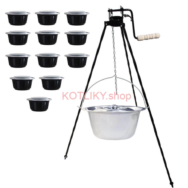 Nerezový kotlík 14 L (0,8 mm) INOX+ stojan s kladkou VAR + misky 12 ks