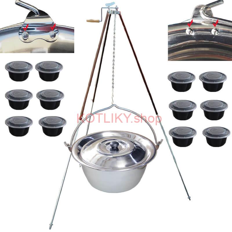 Antikorový kotlík 30 L (0,8 mm) s nitmi + teleskopická trojnožka s poistnou kladkou + misky 12 ks