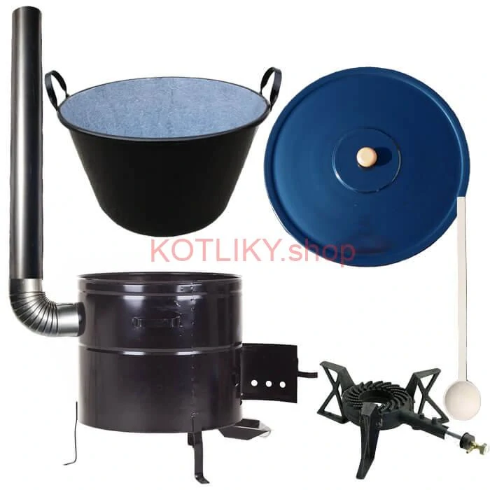 Zabíjačkový smaltovaný kotol 70 L + kovová kotlina 56 cm + horák 7 kW + dymovod
