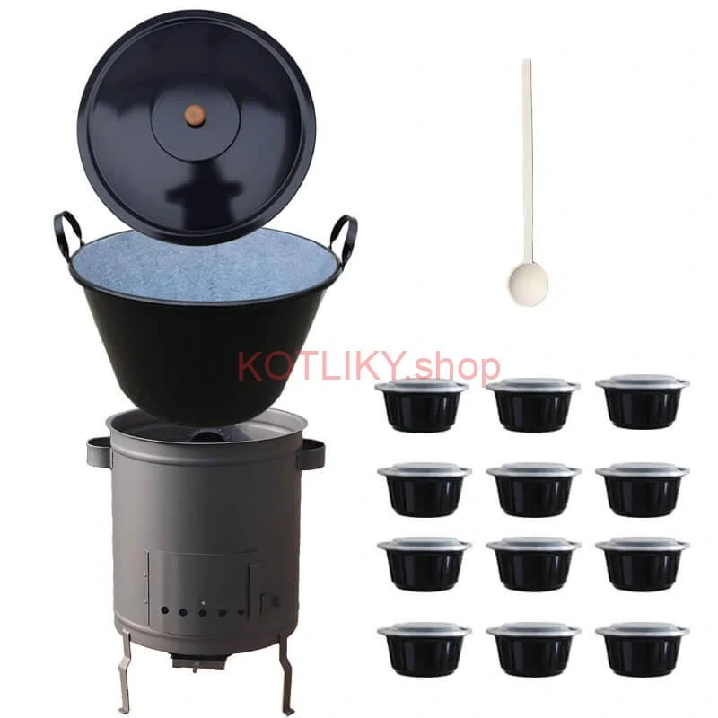 Smaltovaný kotol 70 L + hrubostenná kotlina 53 cm (2 mm) STRONG PLUS 600 + misky 12 ks