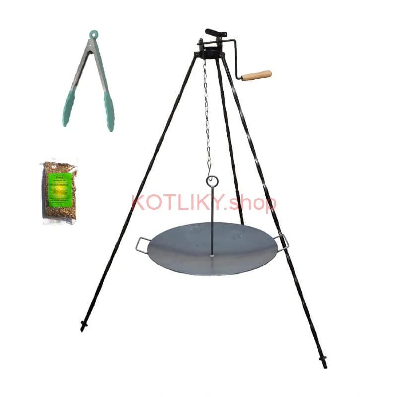 Grilovacia súprava CLASSIC STEEL PRO: Trojnožka 1,2 m s kladkou + Železná panvica 49 cm