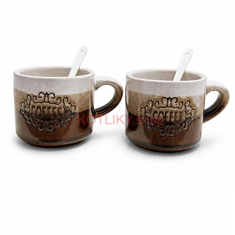 Keramické poháre na kávu 150 ml COFFEE s lyžičkami 2 ks