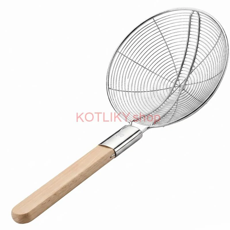 Veľké nerezové sitko 22,5 cm s drevenou rukoväťou – dĺžka 56,5 cm