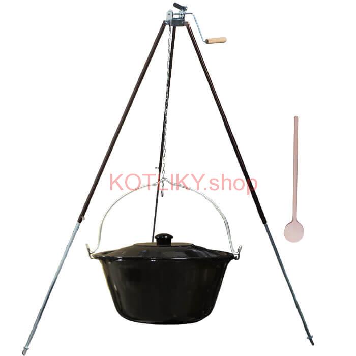 Smaltovaný kotlík 16 L (1,2 mm) + teleskopická trojnožka s poistnou kladkou + pokrievka