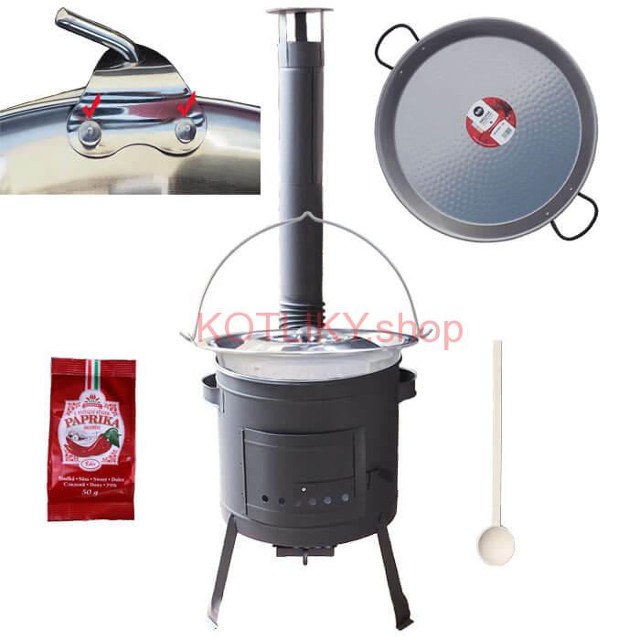 Zosilnený nerezový kotlík 15 L (0,8 mm) + Paella oceľová panvica + nízka žiaruvzdorná kotlina 36 cm PLUS 600