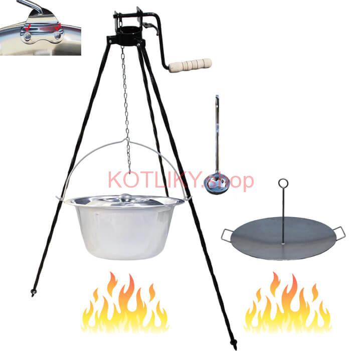 Antikorový kotlík 15 L (0,8 mm) s nitmi + panvica na grilovanie a stojan s kladkou VAR
