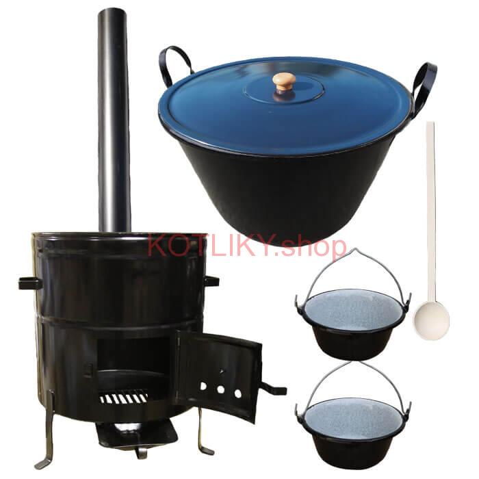 Zabíjačkový smaltovaný kotol 70 L + kovová kotlina 56 cm + 2 servírovacie kotlíky