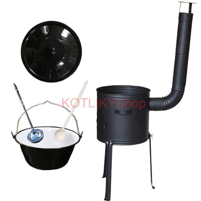 Smaltovaný kotlík 30 L + kovová kotlina s vysokými nožičkami 42 cm + vareška a naberačka