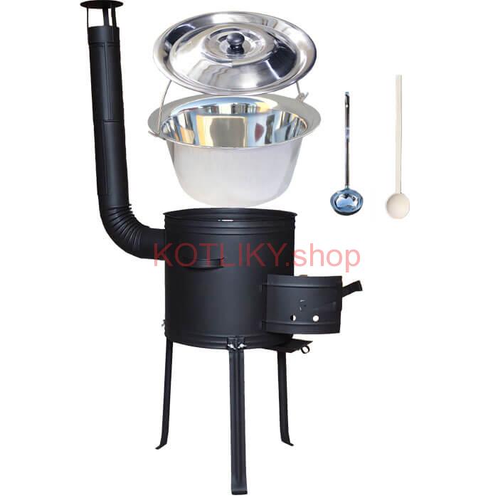 Antikorový kotlík 14 L (0,8 mm) + kovová kotlina s vysokými nožičkami 36 cm + vareška a naberačka