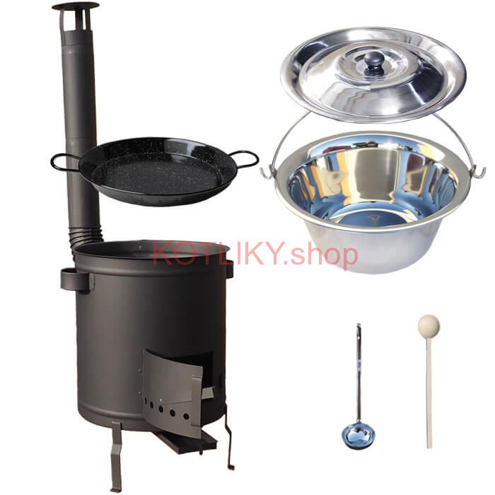 Nerezový kotlík 14 L (0,8 mm) + Paella panvica 38 cm + hrubostenná (1,5 mm) žiaruvzdorná kotlina (1,5 mm) 36 PLUS 600