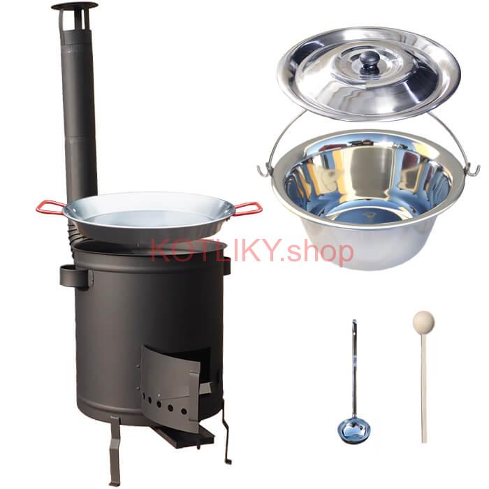 Nerezový kotlík 14 L (0,8 mm) + Paella panvica 38 cm + hrubostenná (1,5 mm) žiaruvzdorná kotlina (1,5 mm) 36 PLUS 600