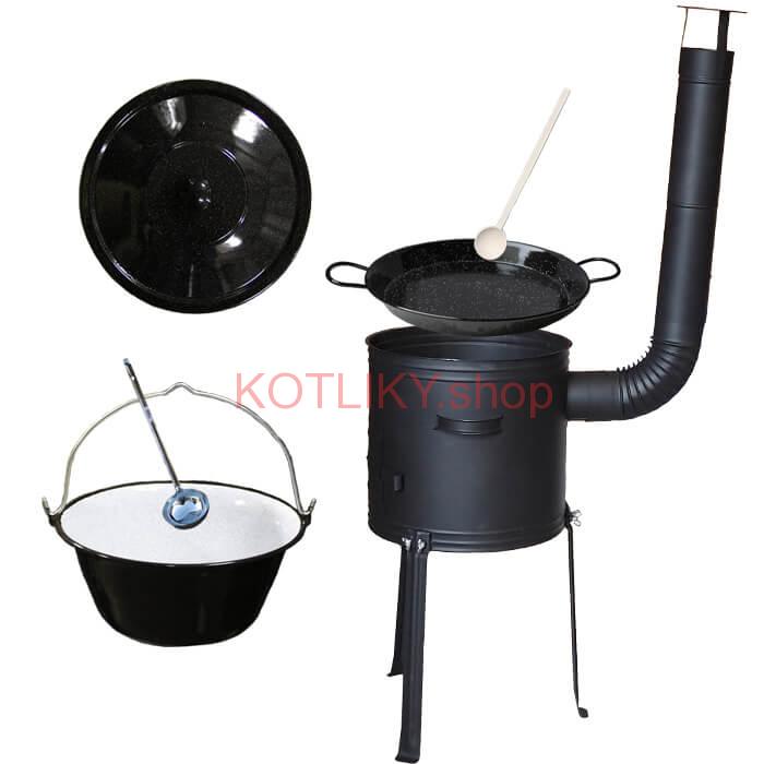 Smaltovaný kotlík 20 L + Paella panvica 46 cm + kovová kotlina s vysokými nožičkami 42 cm, žiaruvzdorná farba Plus 700