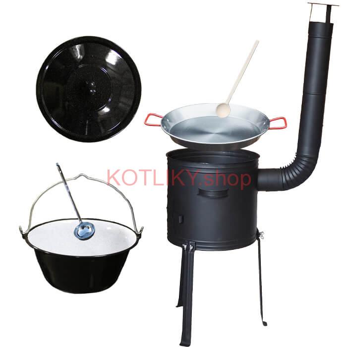 Smaltovaný kotlík 20 L + Paella panvica 46 cm + kovová kotlina s vysokými nožičkami 42 cm, žiaruvzdorná farba Plus 700