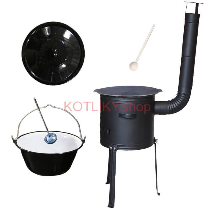 Smaltovaný kotlík 25 L + Liatinová panvica 45 cm + kovová kotlina s vysokými nožičkami 42 cm, žiaruvzdorná farba Plus 700