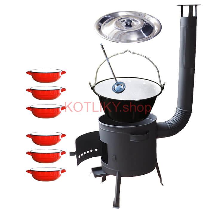 Smaltovaný kotlík 25 L + selské misky 6 ks + nízka žiaruvzdorná kotlina 42 cm PLUS 600