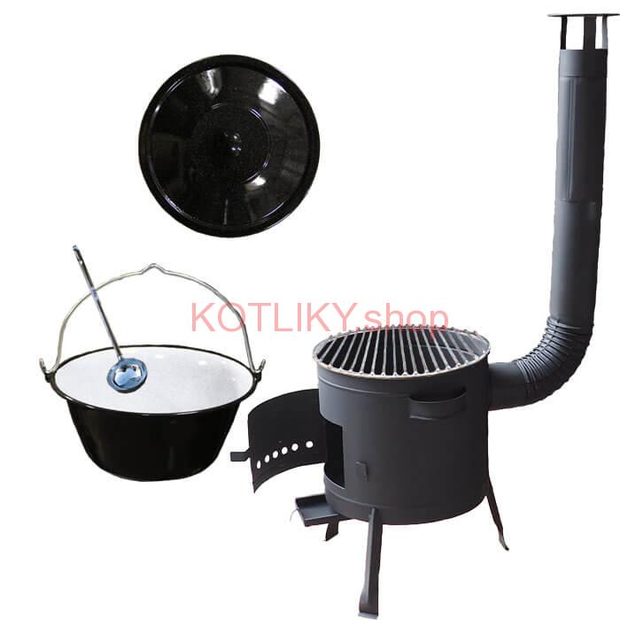 Smaltovaný kotlík 25 L + Nerezový rošt 45 cm + nízka žiaruvzdorná kotlina 42 cm PLUS 600